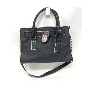 Michael Kors Hamilton Leather Black with Silver Trim Satchel Handbag Bag
